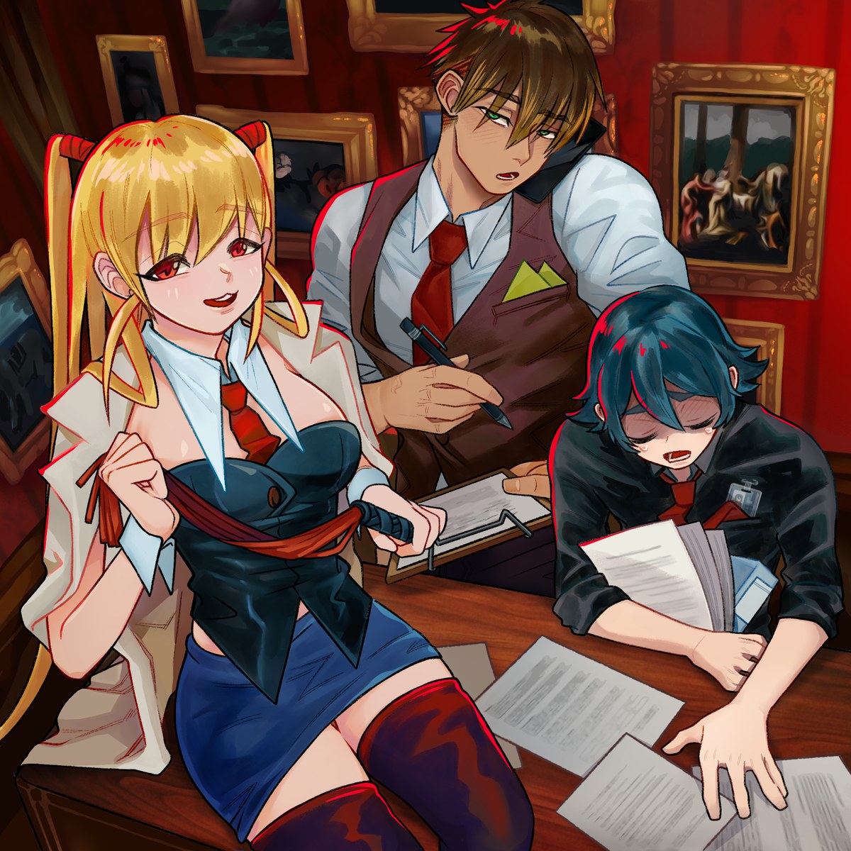 CORPORATE OVERDRIVE album cover: Maho, Boss and Jace at the contract table